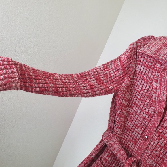 Vintage 1970s Cranberry Marled Knit Belted Cardigan Sweater Jacket with Pockets - Picture 9 of 15